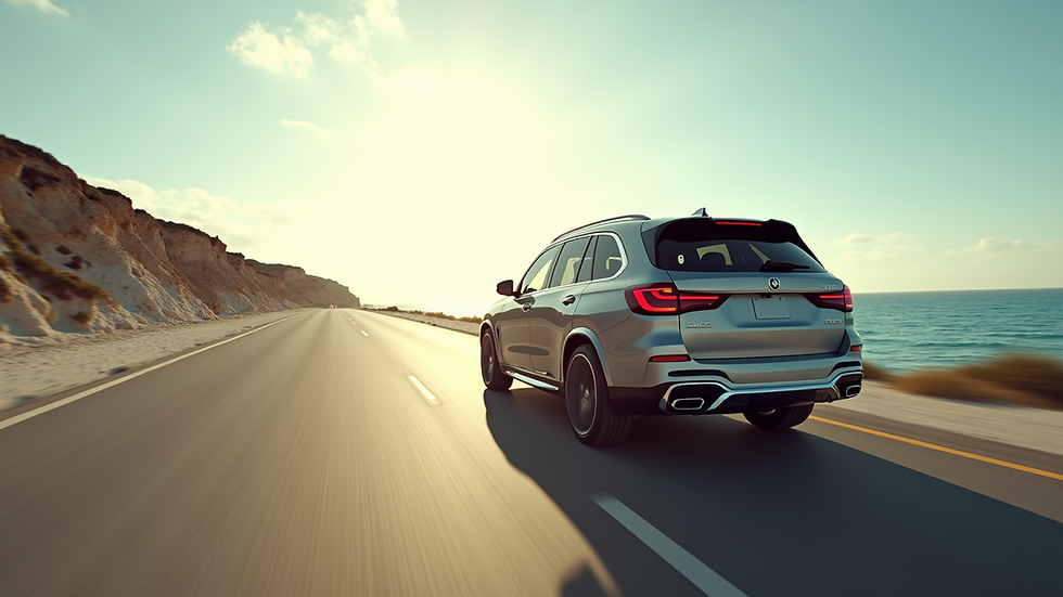 Wide angle view of a luxury SUV driving on a coastal road near Cancun