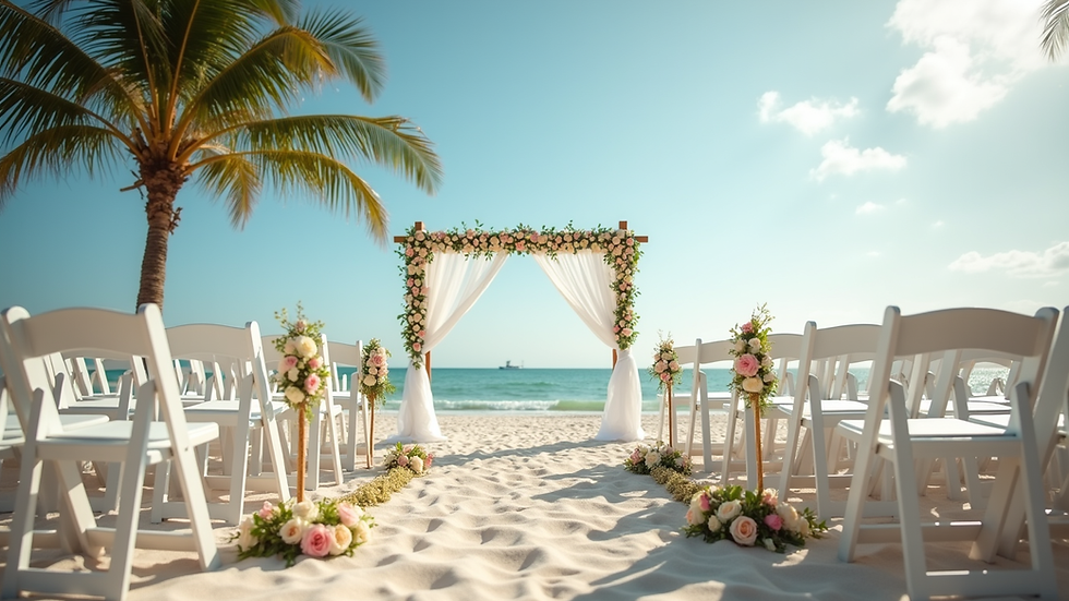Eye-level view of a tropical beach wedding setup with white chairs and floral decorations