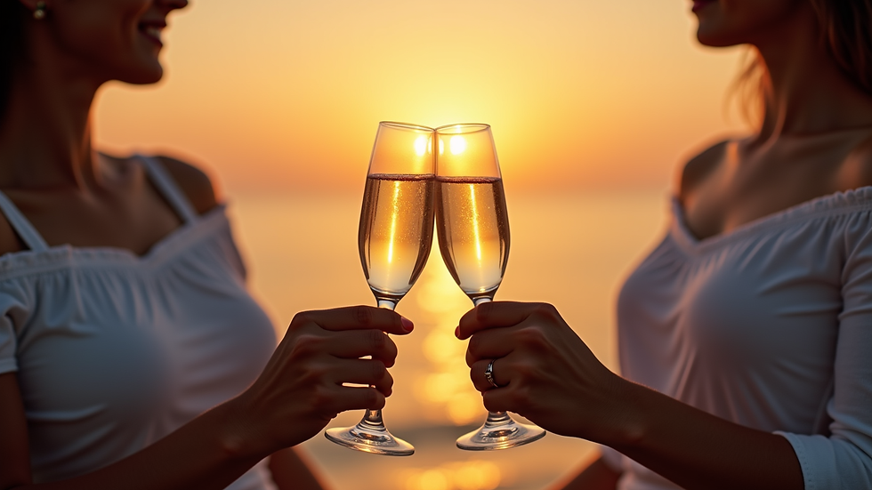 Close-up view of a couple’s hands holding champagne glasses with a sunset background