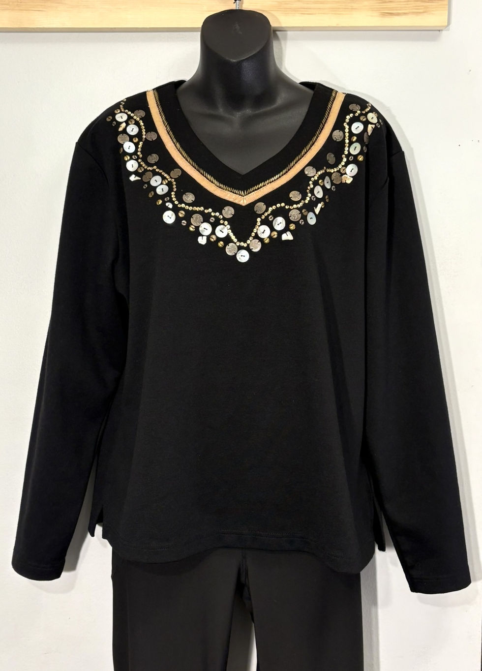 Thumbnail: Black Embellished Neckline Top – Jewel Detail, Soft Stretch Knit, Sustainable