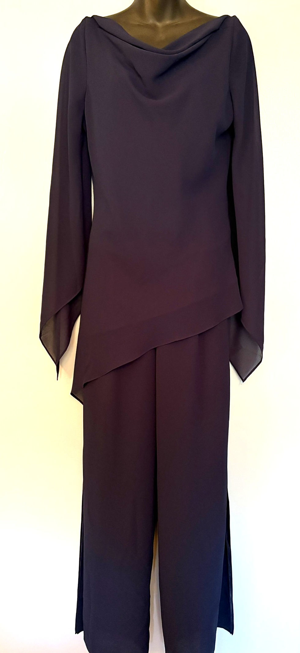 Thumbnail: Deep Purple Chiffon Pantsuit with Draped Top | Elegant Evening Set | Size 10