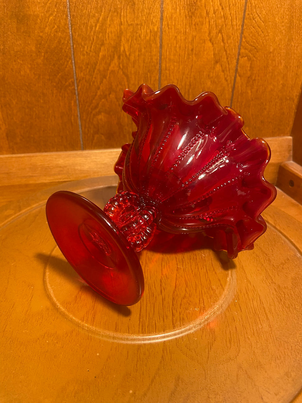 Thumbnail: Ruby Red Glass Ruffled Candle Holder | Fenton or LG Wright Cranberry Glass