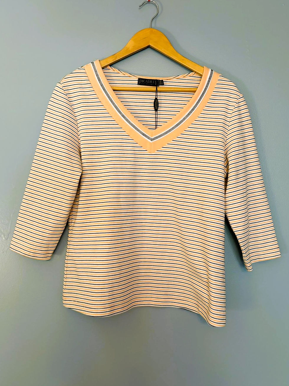 Thumbnail: Neutral Striped V-Neck 3/4 Sleeve Shirt – Casual Everyday Style