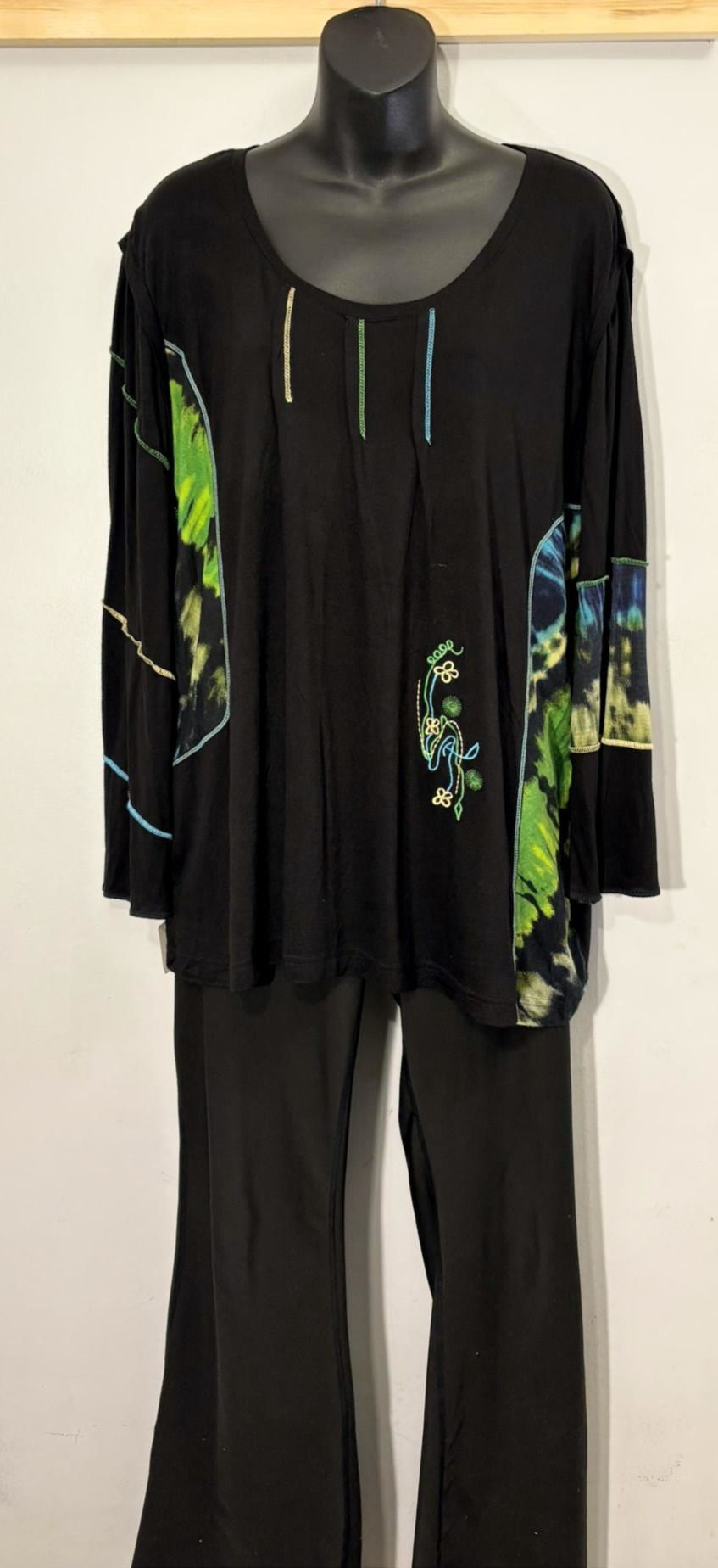 Thumbnail: Black Flowing Art Top – Asymmetrical Hem, Colour Accent Panels, Sustainable Boho