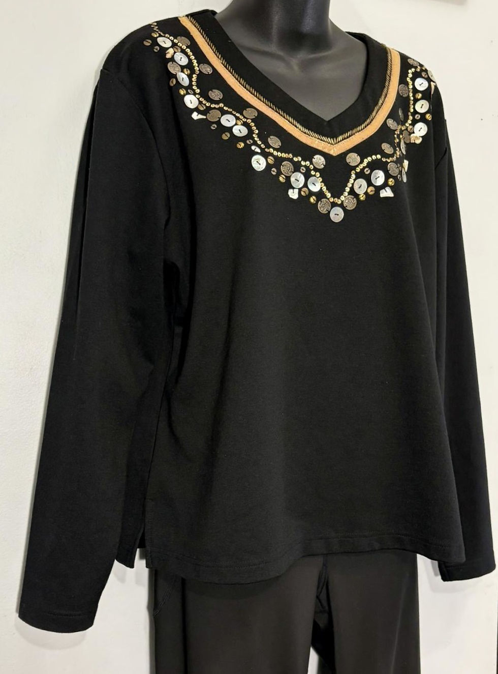 Thumbnail: Black Embellished Neckline Top – Jewel Detail, Soft Stretch Knit, Sustainable