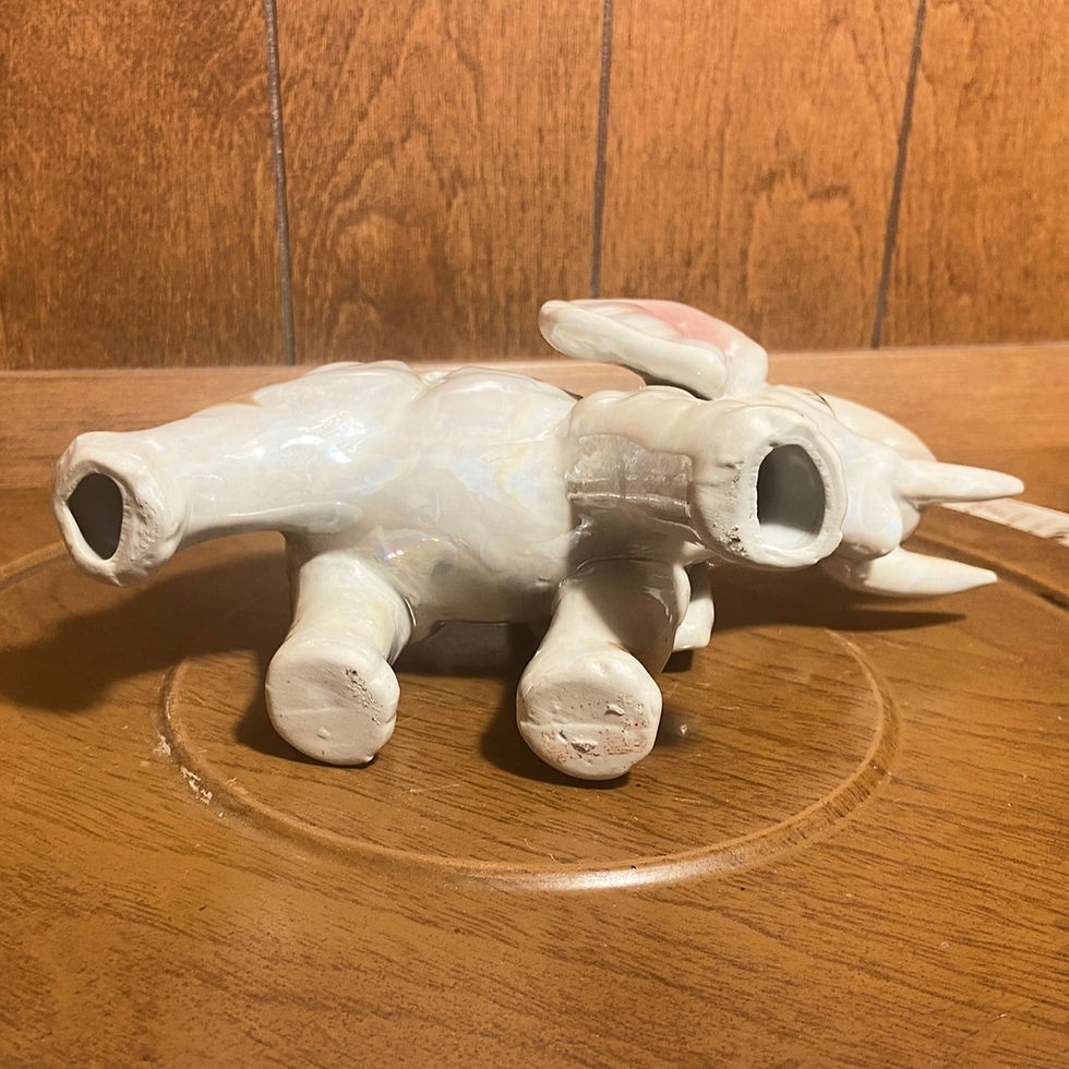 Thumbnail: Vintage Ceramic Elephant Figurine, White Glazed Elephant with Raised Trunk