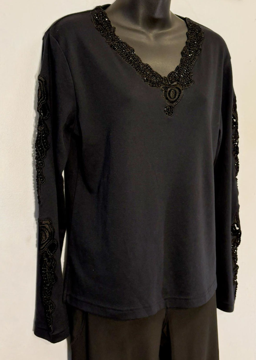 Thumbnail: Charcoal Lace-Trim Top – Feminine Crochet Detail, Soft Cotton Blend, Sustainable