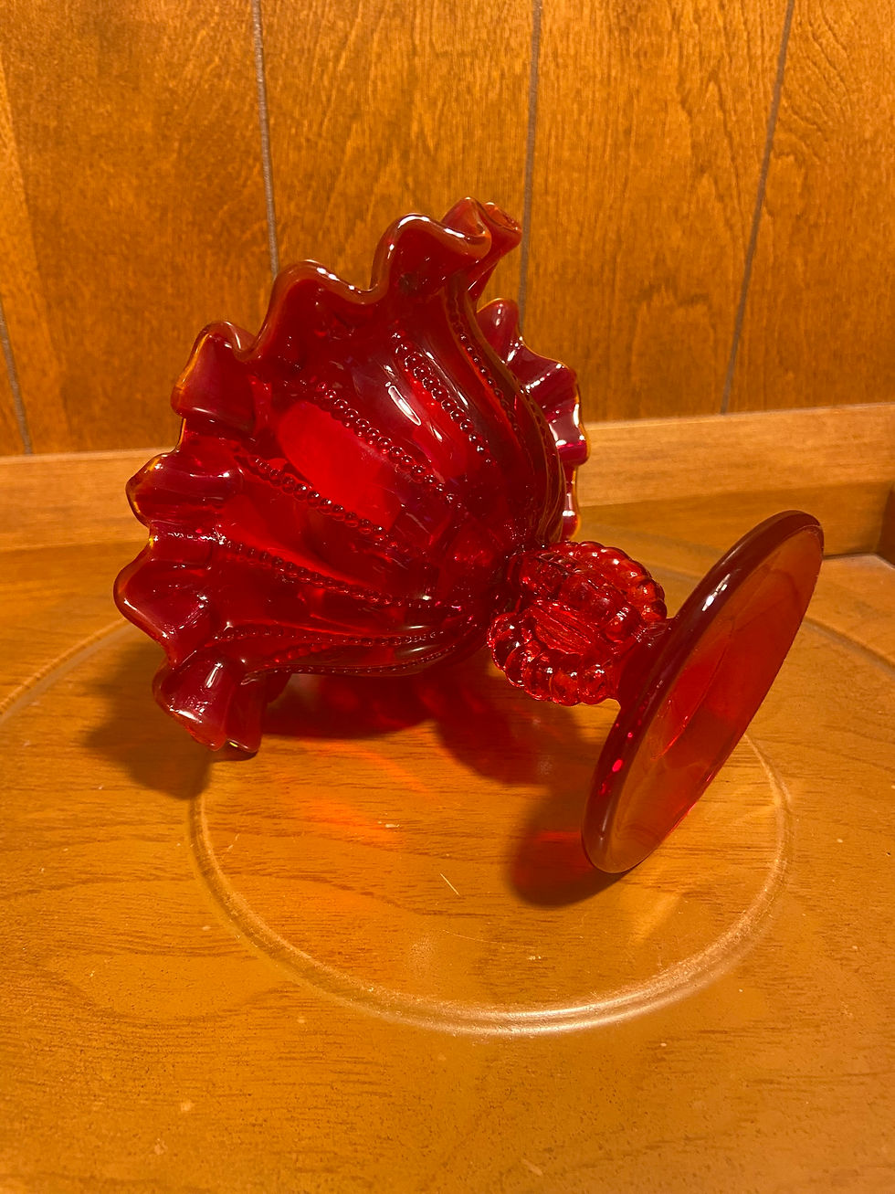 Thumbnail: Ruby Red Glass Ruffled Candle Holder | Fenton or LG Wright Cranberry Glass