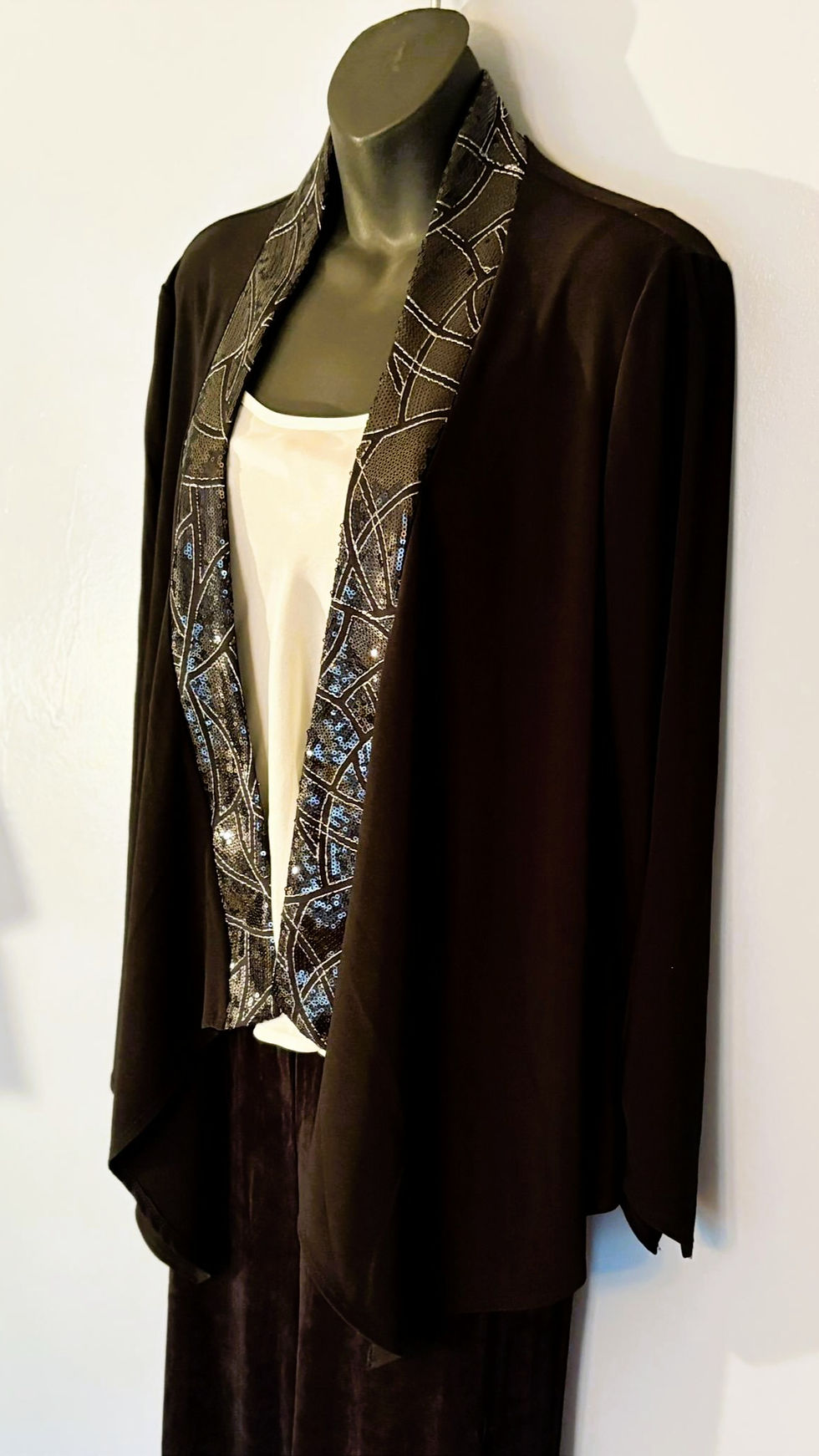 Thumbnail: Black Draped Open Front Jacket with Pattern Trim | Elegant Sweater | Size S