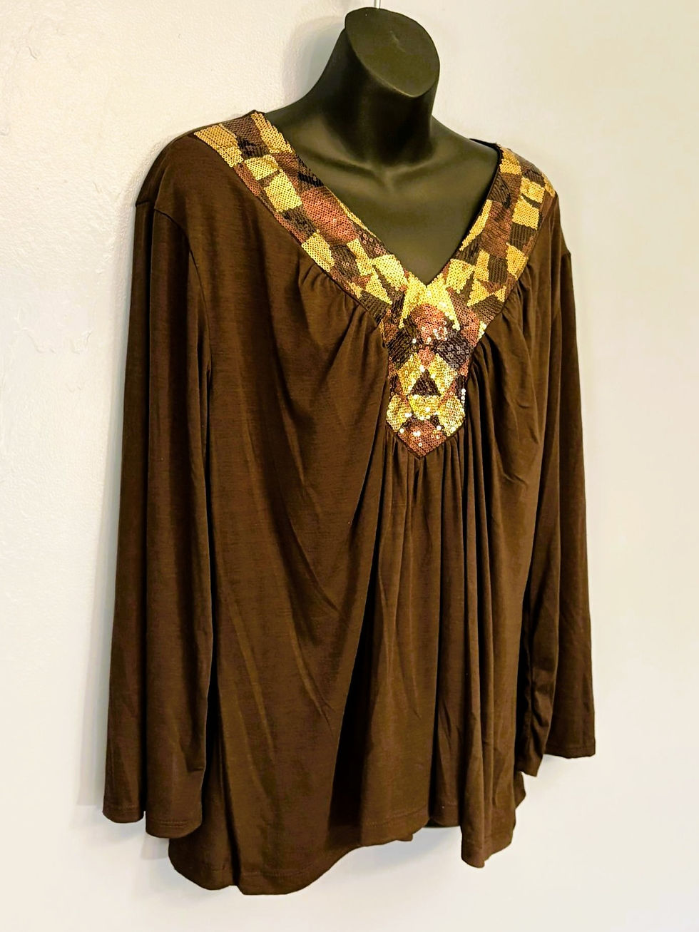 Thumbnail: Brown Boho Tunic – Stretch Polyester Spandex Top, Made in USA