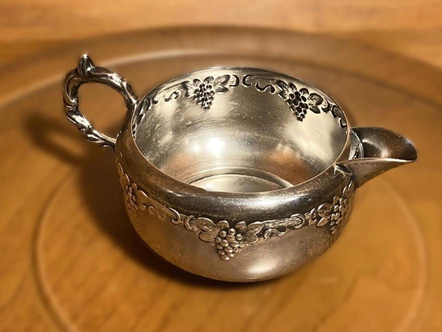 Thumbnail: Vintage Silver Creamer & Sugar Bowl Set with Grapevine Motif + Matching Spoons
