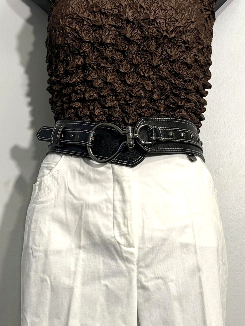 Thumbnail: Black Pleather Belt w/ Metal Hoop & Stud Detail – 36" | Statement Belt