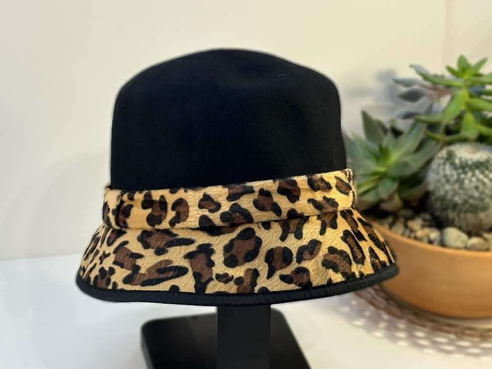 Thumbnail: Leopard Trim Wool Hat – Black Bucket by Picabo, Vintage Animal Print Accent