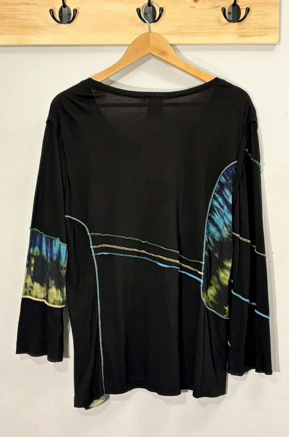 Thumbnail: Black Flowing Art Top – Asymmetrical Hem, Colour Accent Panels, Sustainable Boho
