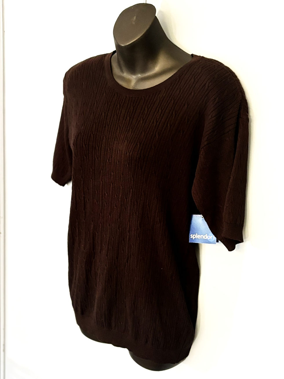 Thumbnail: Splendor! Brown Cotton Knit Sweater – Classic Short Sleeve Made in Canada