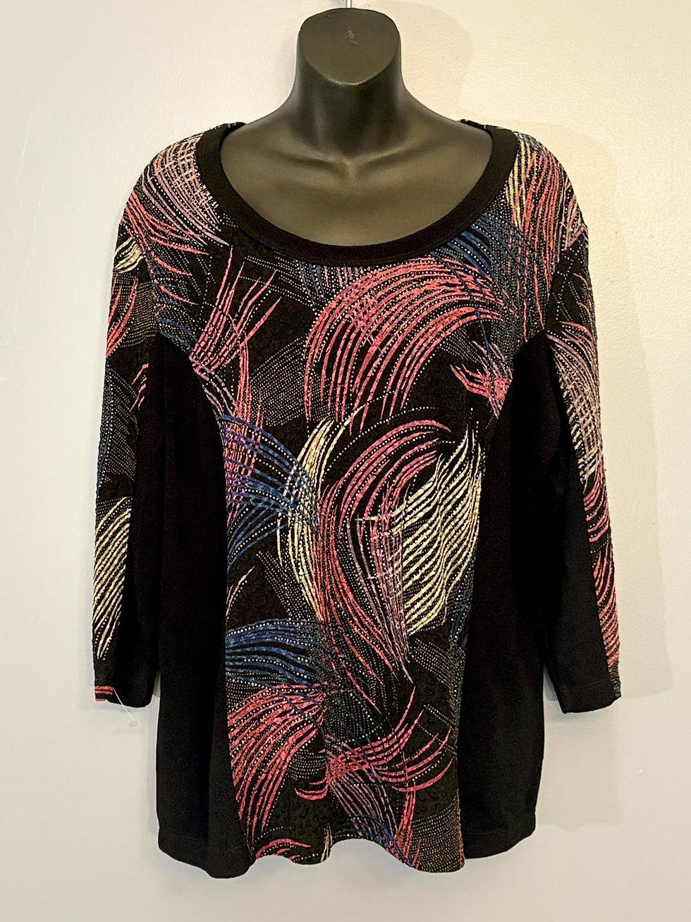 Thumbnail: Picadilly Abstract Velvet Top – Mixed Fabric Long Sleeve, Made in Canada