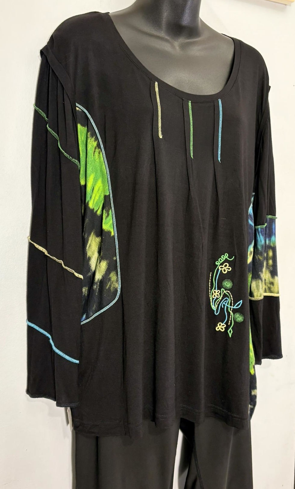 Thumbnail: Black Flowing Art Top – Asymmetrical Hem, Colour Accent Panels, Sustainable Boho