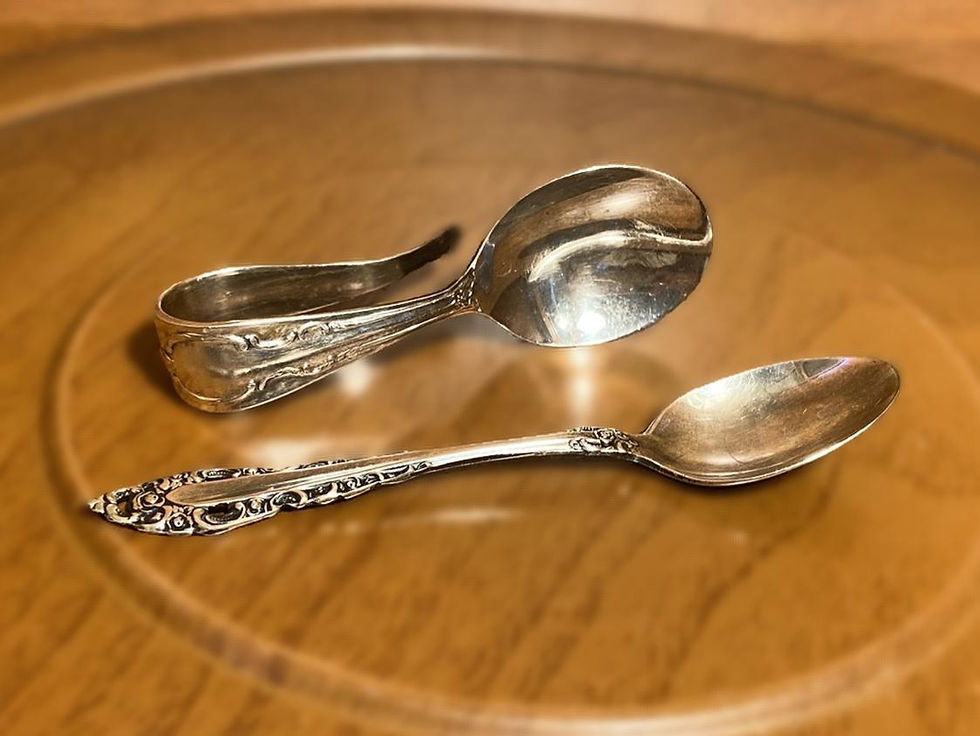 Thumbnail: Vintage Silver Creamer & Sugar Bowl Set with Grapevine Motif + Matching Spoons