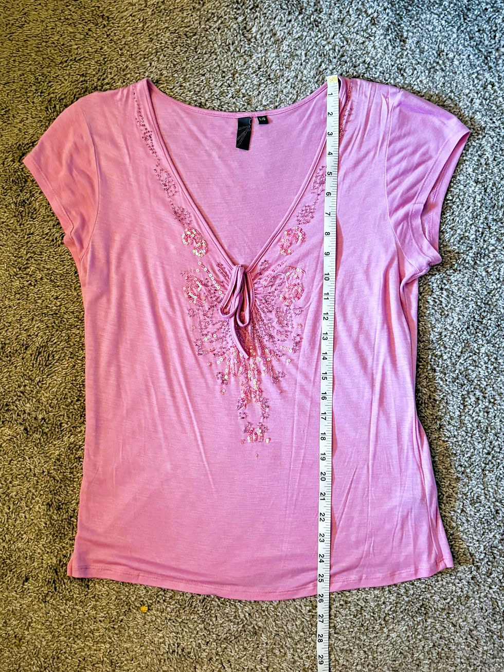 Thumbnail: Pink Short Sleeve Embroidered Tie-Neck Top – Feminine Boutique Blouse