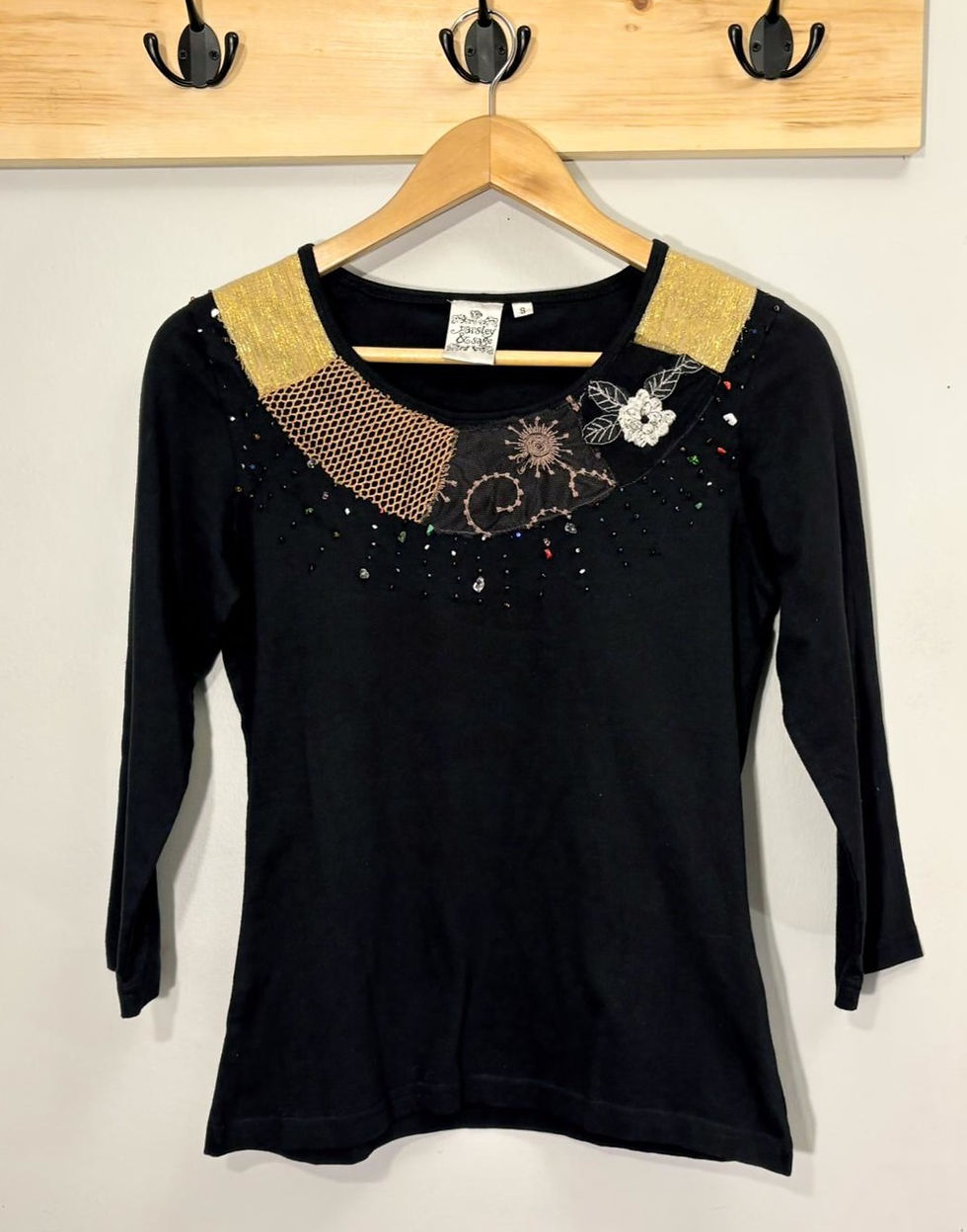 Thumbnail: Embellished Black Cotton Top – Artistic Beadwork, Unique Sustainable Style, Soft