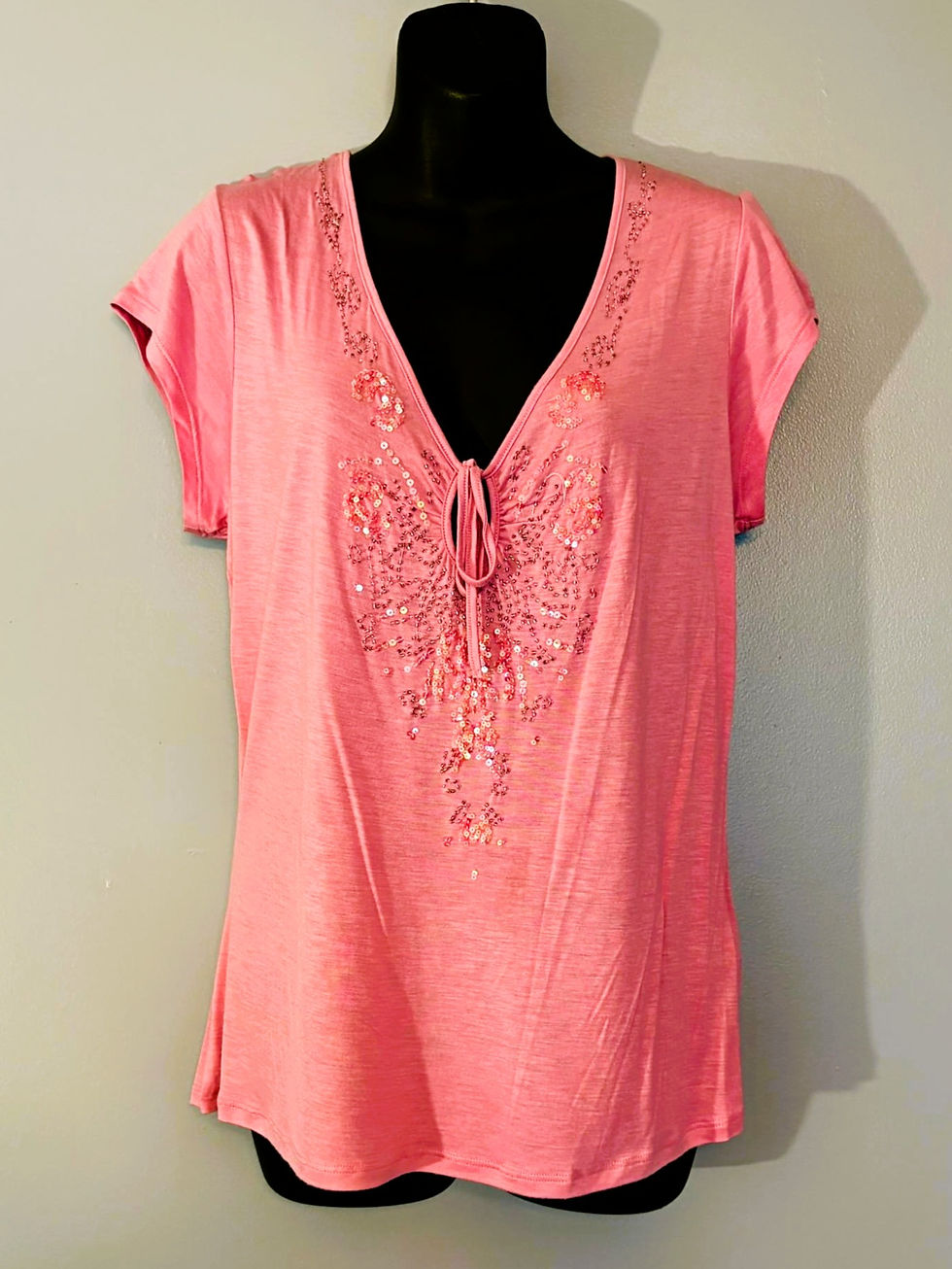 Thumbnail: Pink Short Sleeve Embroidered Tie-Neck Top – Feminine Boutique Blouse