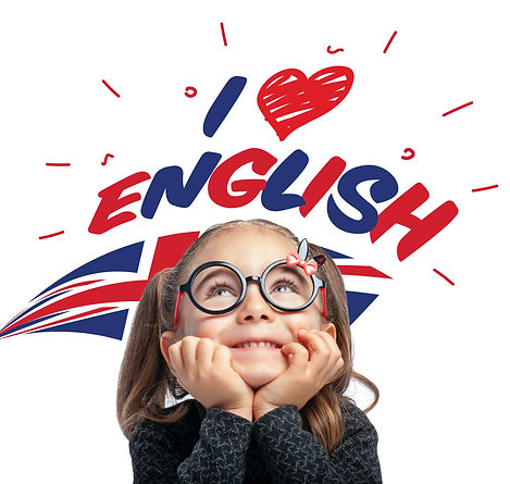 beautiful cute little girl curiously looking at i love english text and UK flag above her