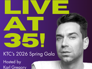 Karl Gregory looks sultry in black and white against a purple background. Text says Live at 35!