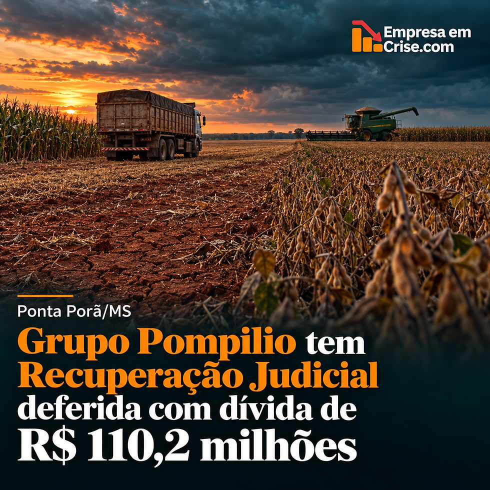 Lavoura de soja e milho durante a colheita, com caminhão e colheitadeira em operação sob céu carregado ao entardecer. Arte informa: ‘Ponta Porã/MS — Grupo Pompilio tem recuperação judicial deferida com dívida de R$ 110,2 milhões’.
