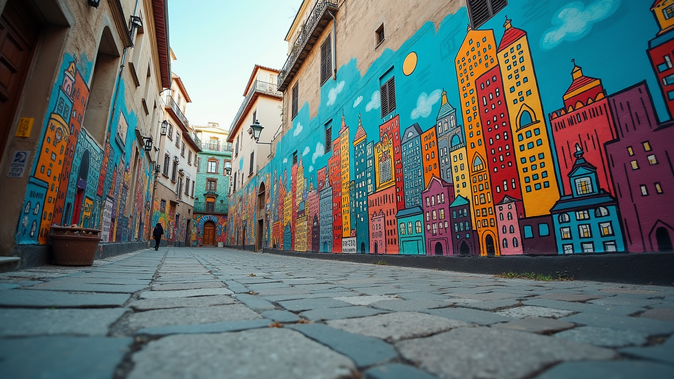 Eye-level view of a colorful mural depicting a vibrant cityscape