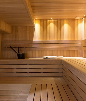 The inside of a wooden sauna
