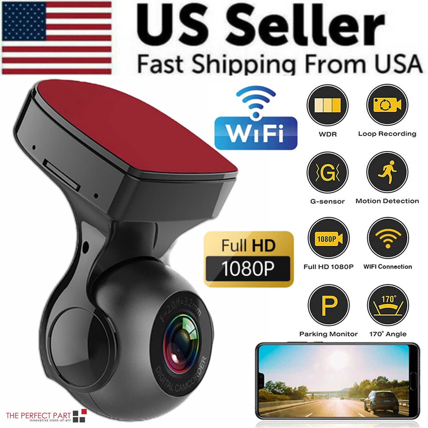 170° WiFi Dash Cam Recorder Car Camera HD 1080P Car DVR Vehicle Video G-Sensor