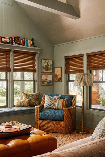 Wood blinds installed on windows, adding warmth and natural texture to the room