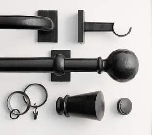 Iron curtain rod hardware for custom window treatments