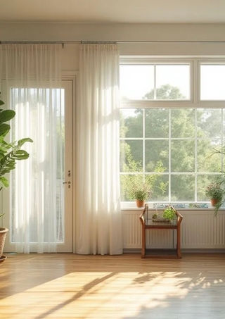 Custom designer poles holding fabricated sheer curtains for a living room.