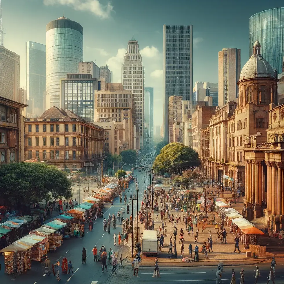 A snapshot view of city life in Johannesburg, South Africa, capturing the vibrant and diverse atmosphere of this major urban center.