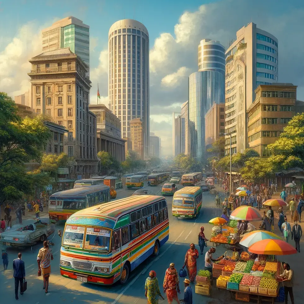 A snapshot view of city life in Nairobi, Kenya, capturing the vibrant and bustling urban atmosphere. The scene depicts a busy street in the central bus route