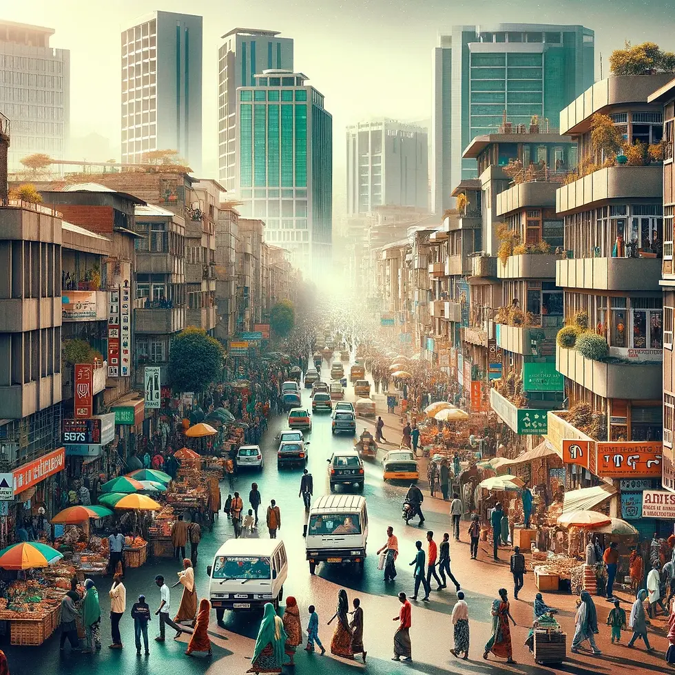 A snapshot view of city life in Addis Ababa, Ethiopia, capturing the bustling urban atmosphere. The scene depicts a busy street in the heart of the city