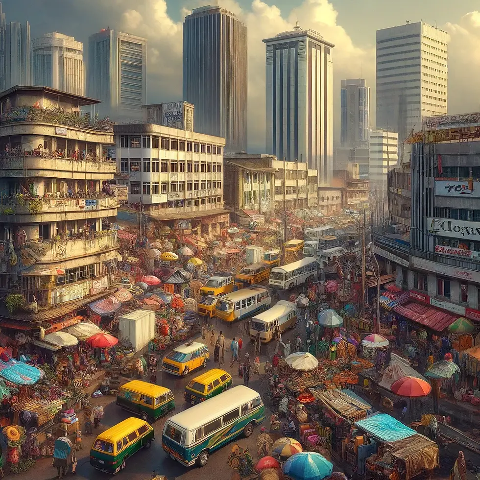 A snapshot view of city life in Lagos, Nigeria, capturing the energetic and bustling atmosphere of this major African metropolis