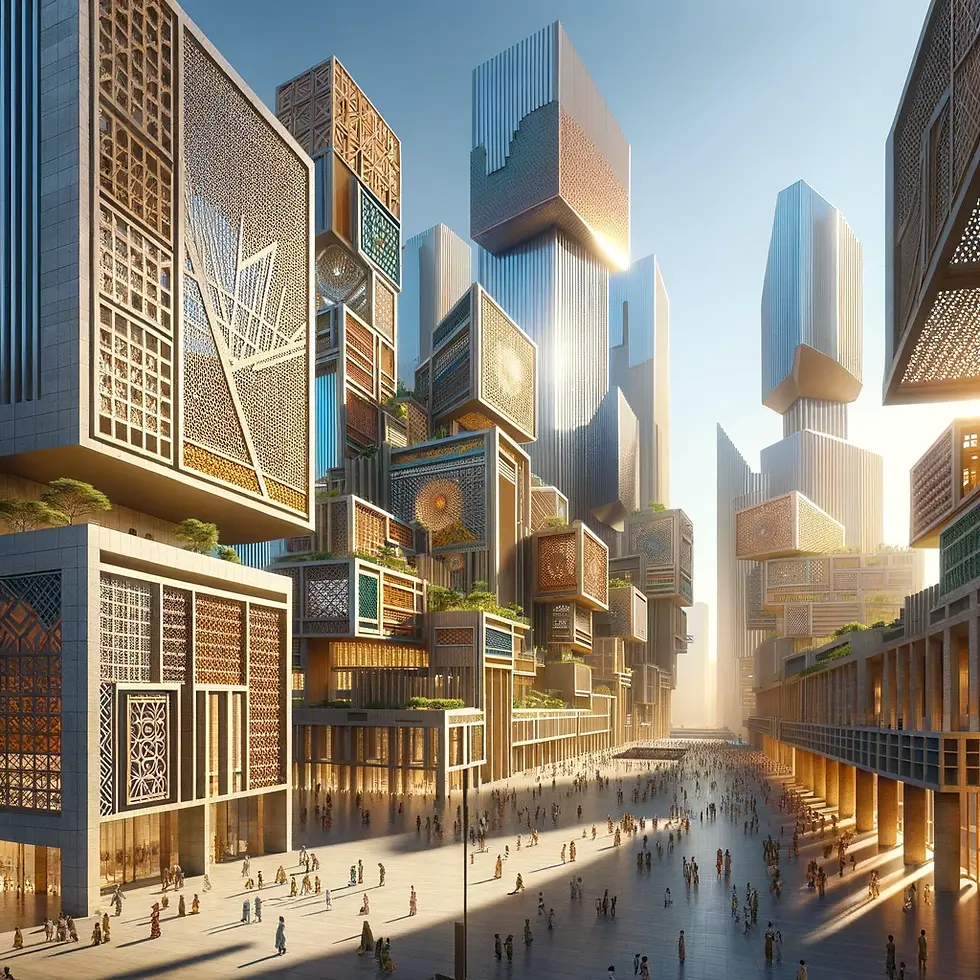 A ground level view of a hypothetical capital of Africa, showcasing cutting-edge modern African architecture