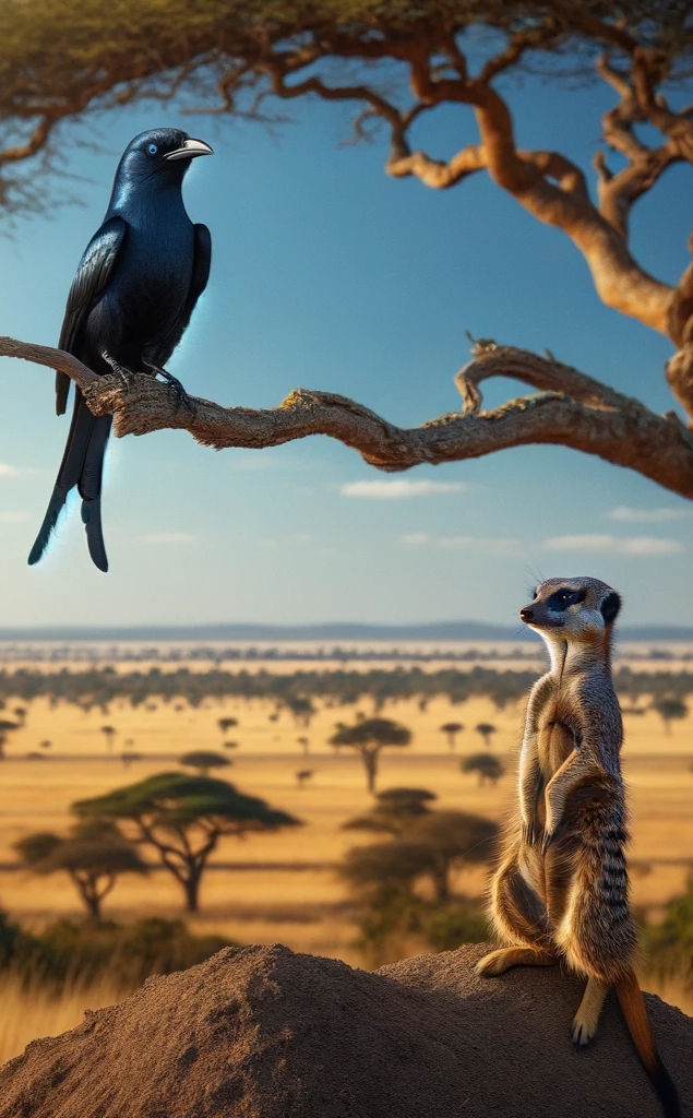drongo bird perched on a savannah tree branch above a meerkat standing alert on a mound