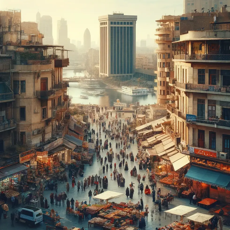 A snapshot view of city life in Cairo, Egypt, capturing the dynamic urban atmosphere. The scene shows a bustling street with a mix of modern and traditional