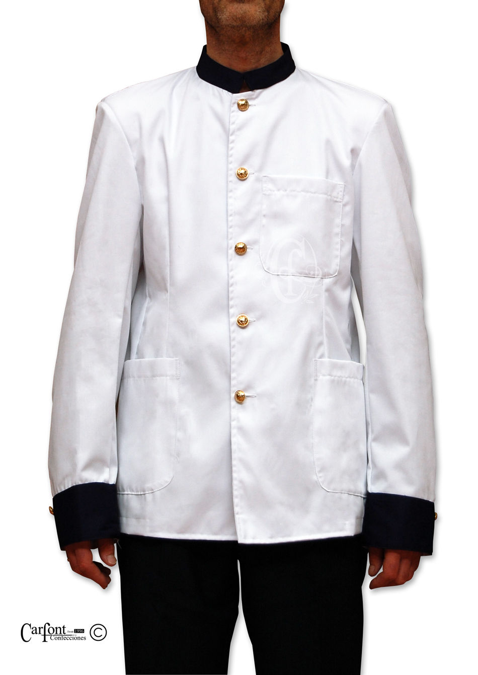 Miniatura: Chaqueta de mayordomo Monsieur Salvador en blanco  foto 3, cuello y mangas azul | Zoco de Pozuelo | La Doncella Uniformes