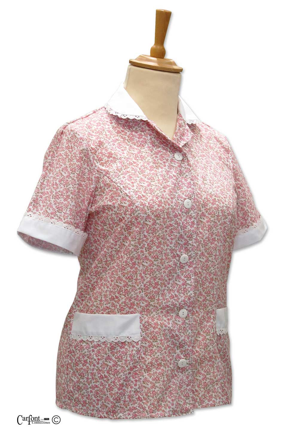 Thumbnail: Chaqueta Fresia Roja foto 3, estampado floral, uniforme de servicio | Zoco de Pozuelo | La Doncella Uniformes