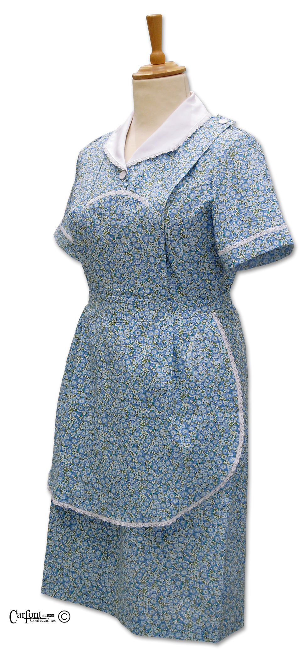 Thumbnail: Uniforme Begonia Azul foto 3, estampado floral, uniforme de servicio | Zoco de Pozuelo | La Doncella Uniformes