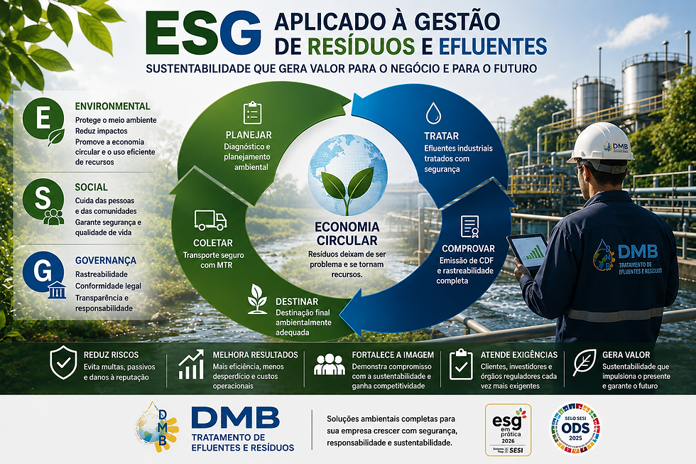 Banner institucional representando a aplicação do ESG na gestão de resíduos e efluentes industriais. O infográfico apresenta os pilares Environmental, Social e Governance, integrados ao processo de economia circular, incluindo planejamento, coleta, tratamento, destinação final e rastreabilidade. Também evidencia benefícios como conformidade ambiental, redução de passivos, governança corporativa, sustentabilidade empresarial e competitividade para indústrias.