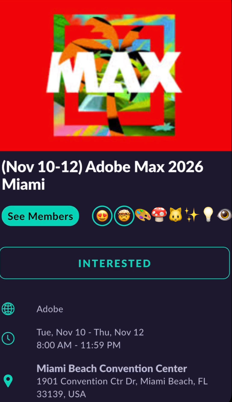 Adobe MAX 2026 conference networking app showing Rendez live map check-in