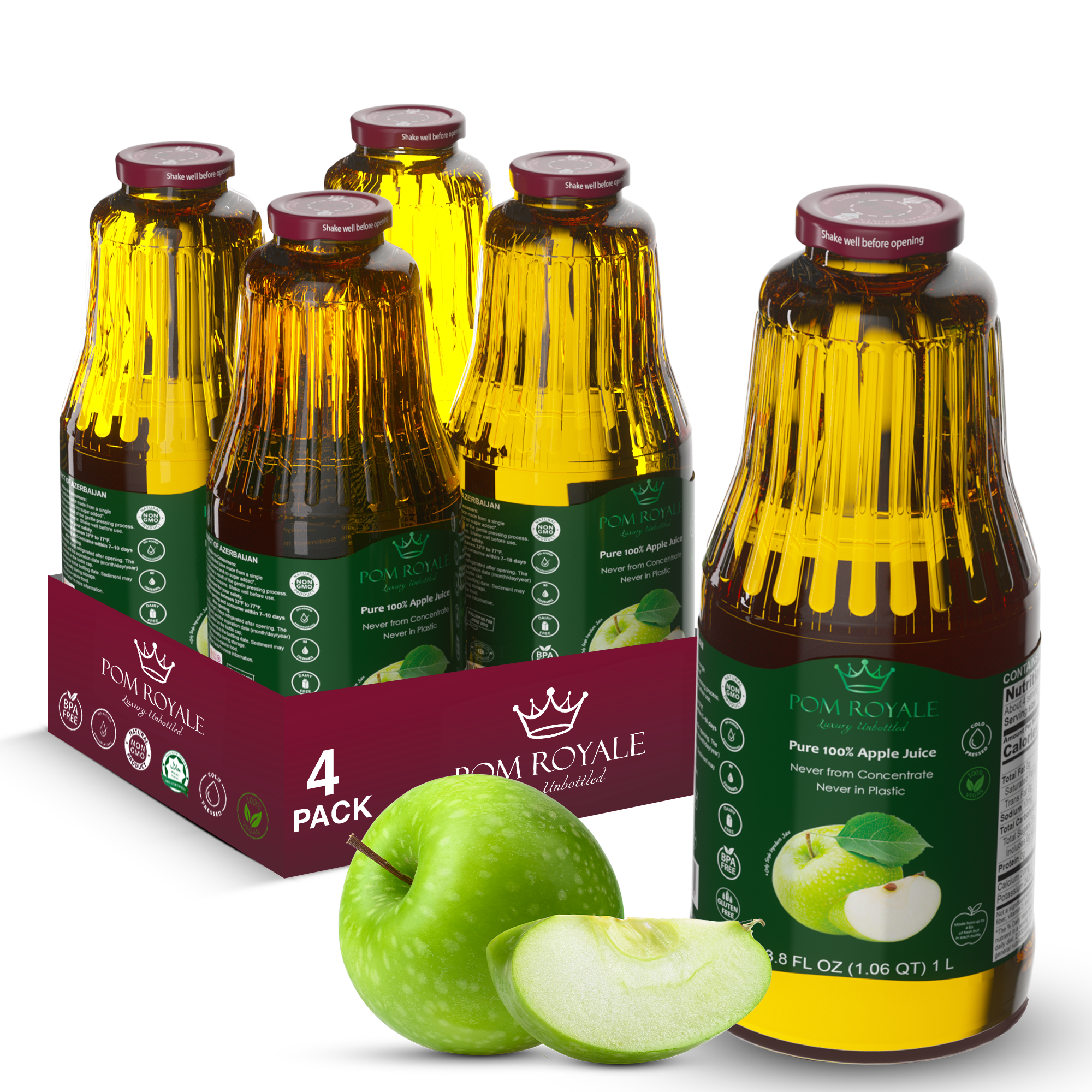 Pure Apple Juice, 33.8oz Glass Bottle (Pack of 4)