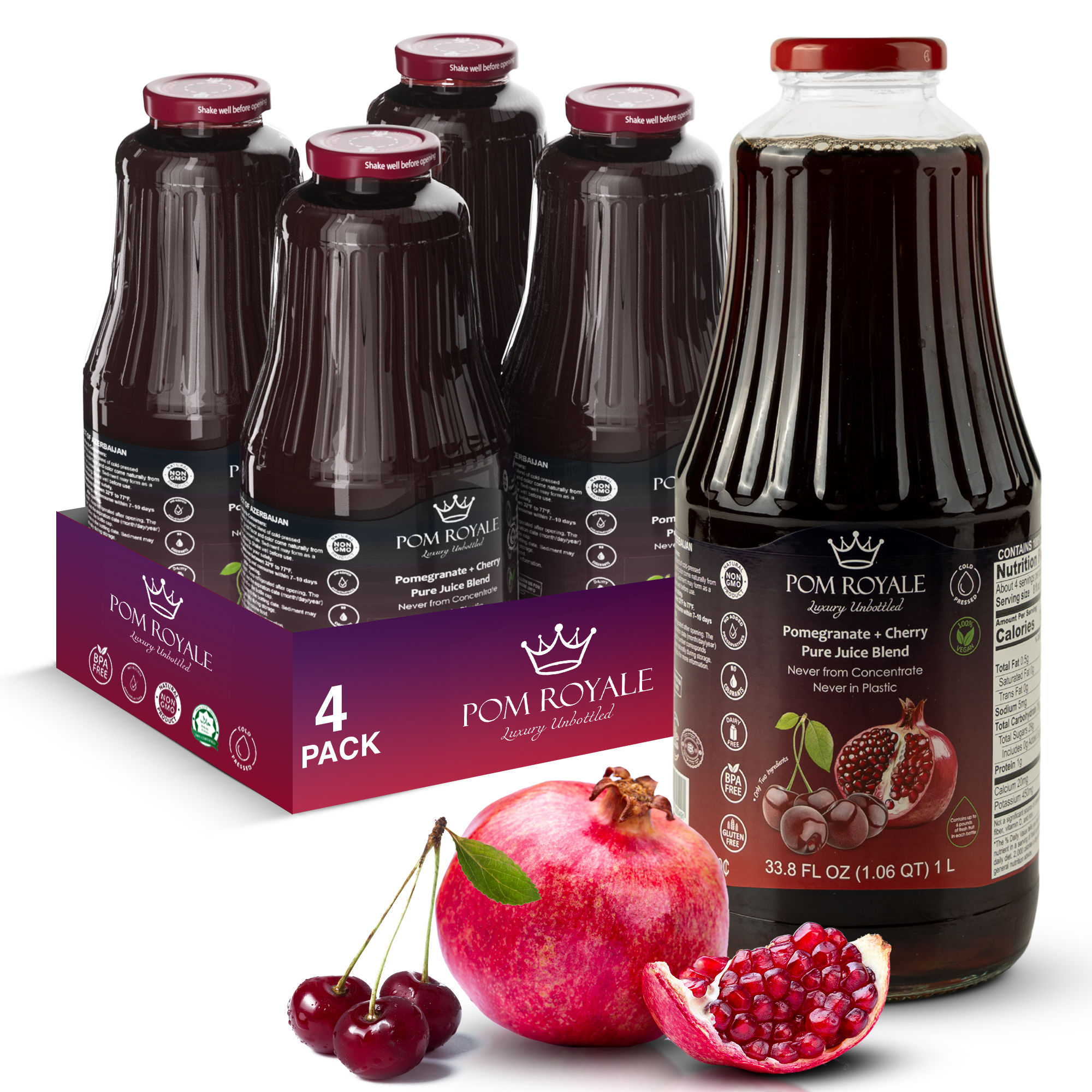 Pure Pomegranate & Cherry Juice, 33.8oz Glass Bottle (Pack of 4)