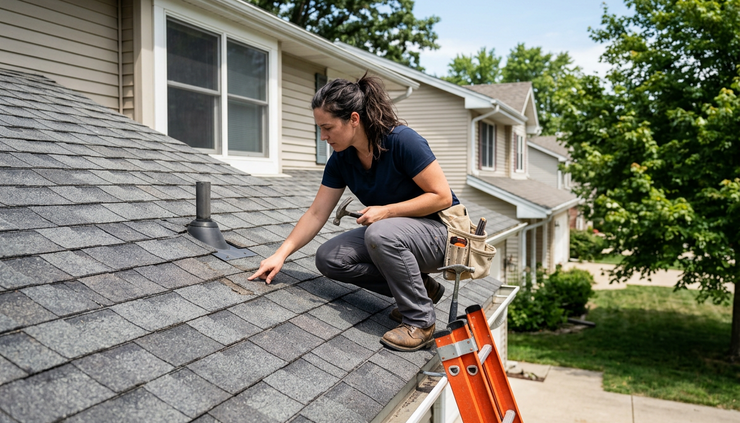 Eye-level view of a contractor inspecting shingles beside a ladder at a house.