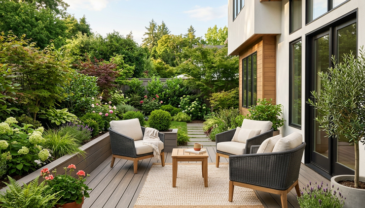 Wide-angle view of a modern backyard with a composite decking area and outdoor seating.